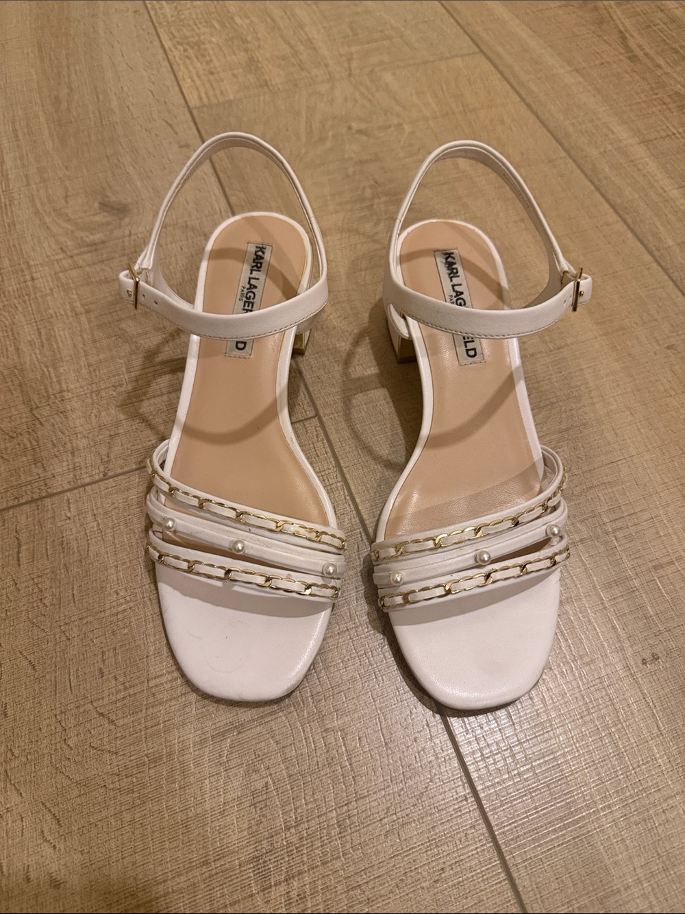 Karl Lagerfeld White Pearl & Chain Strap Slingback Sandals